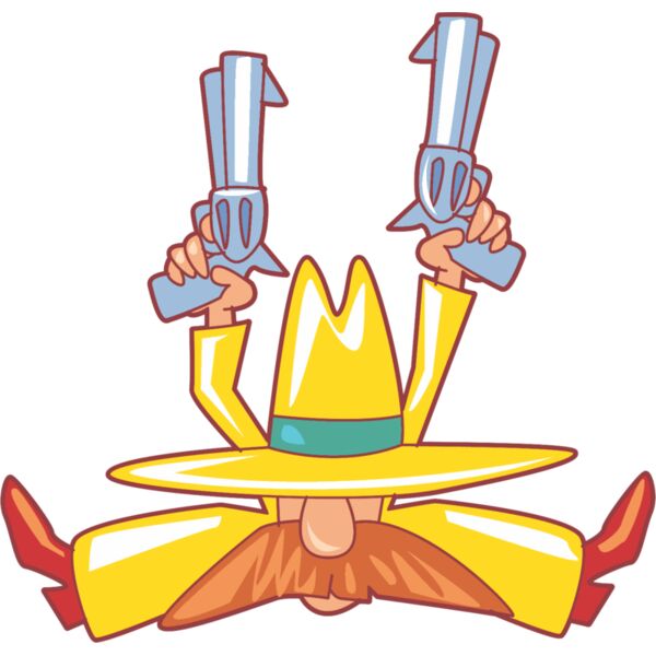 Yellow cartoon cowboy sitting doing splitz with two guns Thumbnail